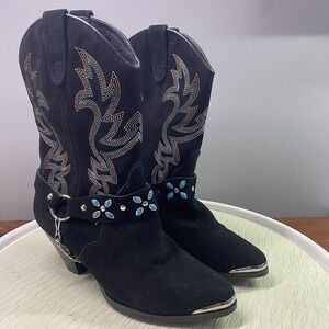 DINGO Black Suede Flame Stitched Chain Harness Cowgirl Western Boot SZ‎ 8.5 EUC
